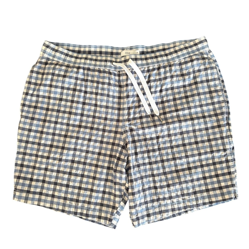 Onia‎ Swim Shorts Charles LG 7" Blues White Gingham Seersucker Check Mesh Lined
